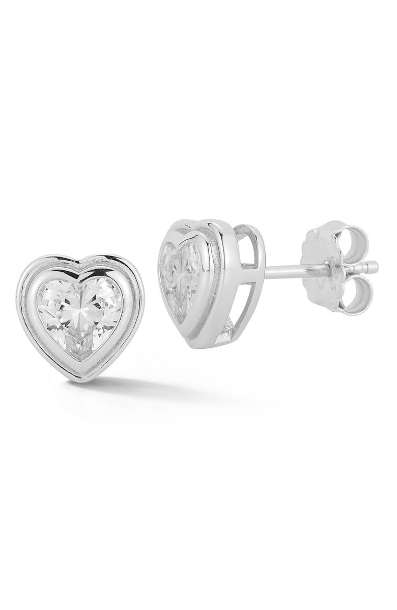 GLAZE JEWELRY Cubic Zirconia Bezel Set Heart Stud Earrings, Main, color, Silver