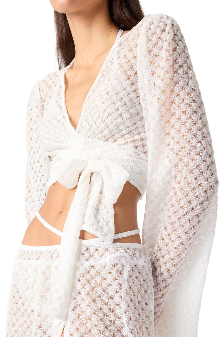 Wrap Top In Lamé Viscose With Raschel Workmanship, Alternate, color, White