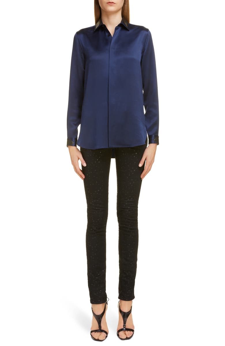 Saint Laurent Leather Collar Silk Shirt, Alternate, color,