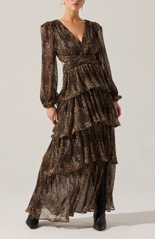 Astr The Label Anora Metallic Leopard Print Long Sleeve Dress In Brown