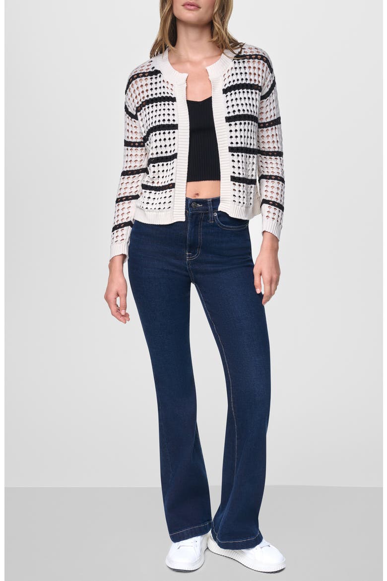 Striped Openwork Cardigan, Alternate, color, EGGNOG/ BLACK