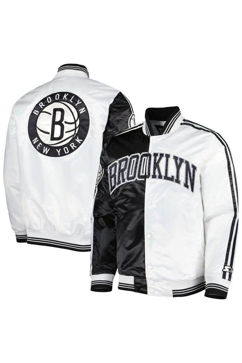 Men's Starter Black/White Brooklyn Nets Fast Break Satin Full-Snap Jacket, Main, color, Black
