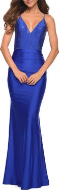 La Femme Jersey Dress with Rhinestone Beaded Top and V Neck