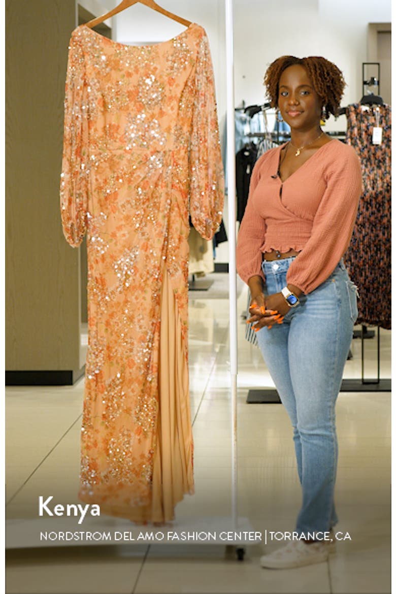 Floral Print Sequined Puff Sleeve Gown video
