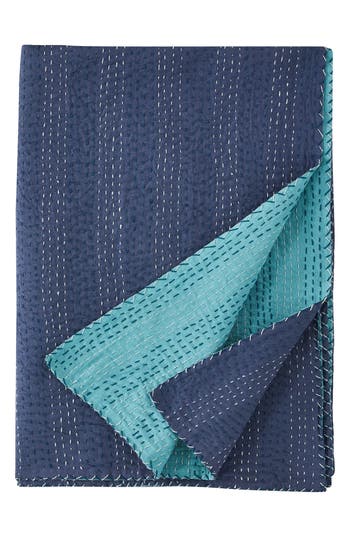 Melange Home Kantha Reversible Cotton Throw Blanket In Navy And Teal