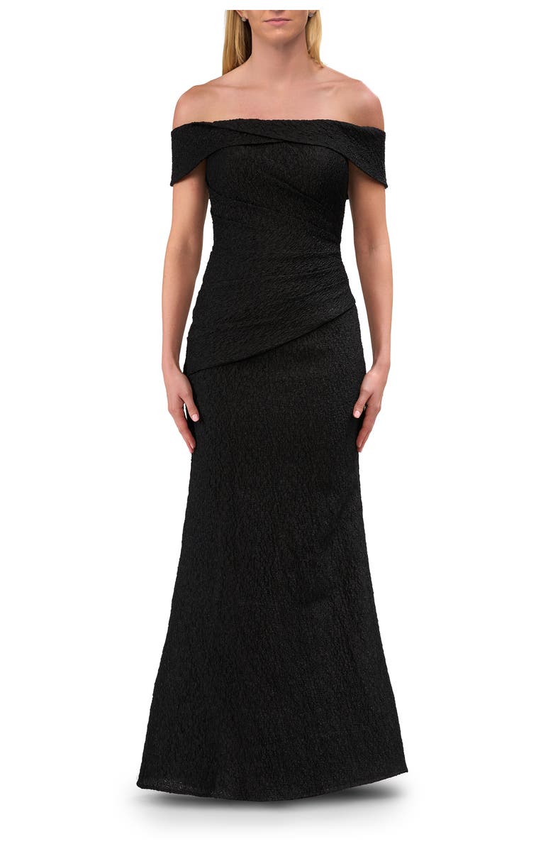 La Femme Off-the-Shoulder Textured Evening Gown, Main, color, Black