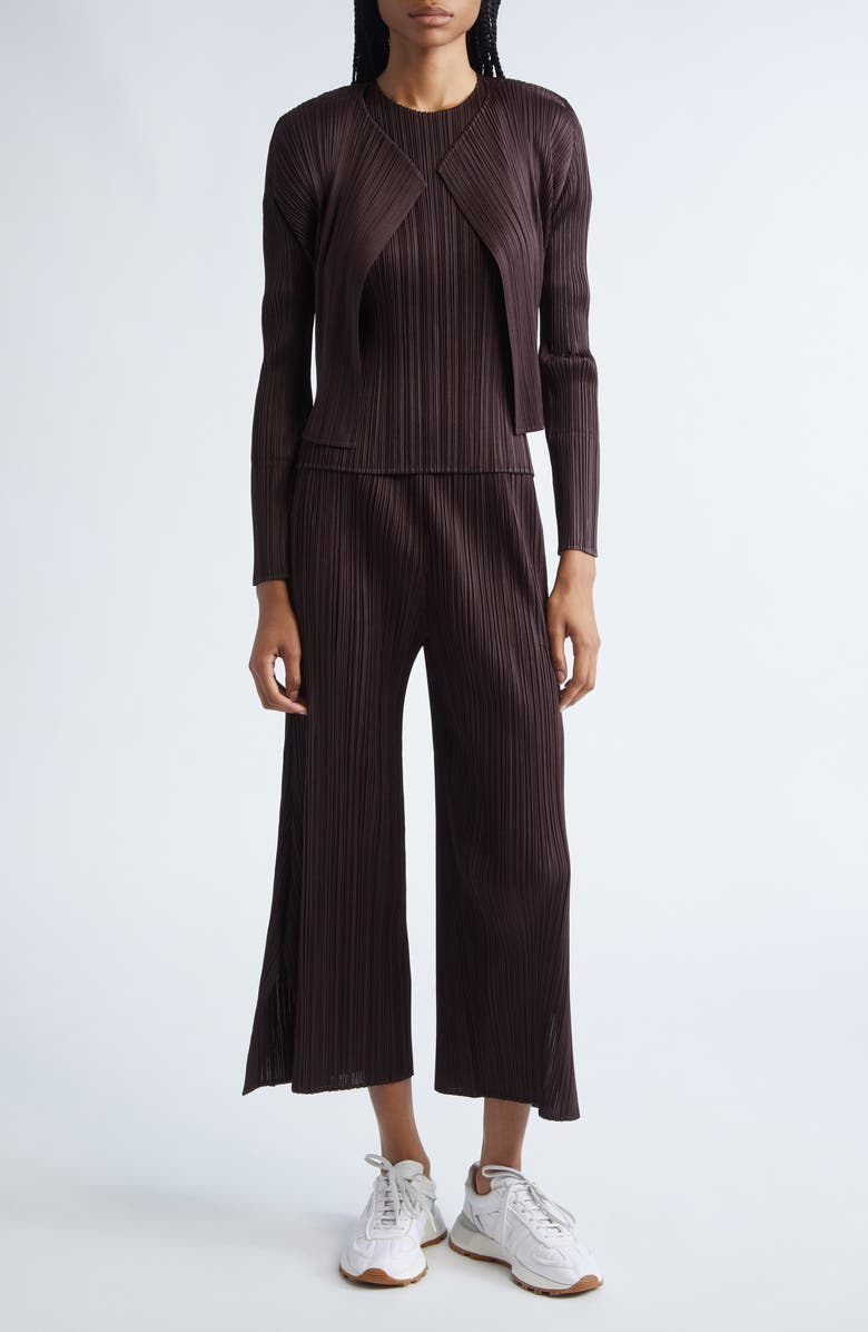 Pleats Please Issey Miyake Monthly Colors July Pleated Open Front Cardigan, Alternate, color, Dark Brown