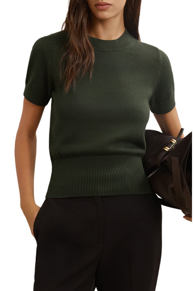 Anita Short Sleeve Cotton & Wool Sweater, Main, color, KHAKI GREEN