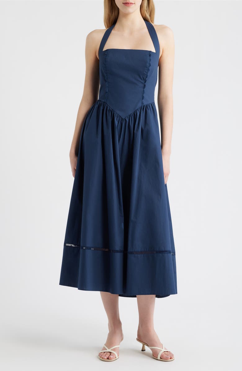 MOON RIVER Ladder Stitch Detail Halter Neck Cotton Dress, Main, color, Navy