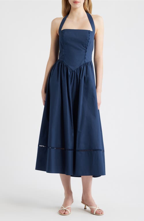 MOON RIVER Ladder Stitch Detail Halter Neck Cotton Dress in Navy at Nordstrom, Size Medium