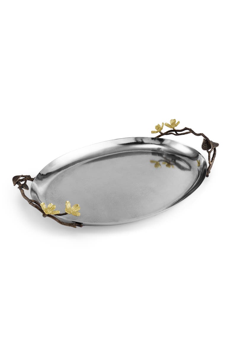Dogwood Oval Metal Serving Tray, Alternate, color, SILVER/ GOLD