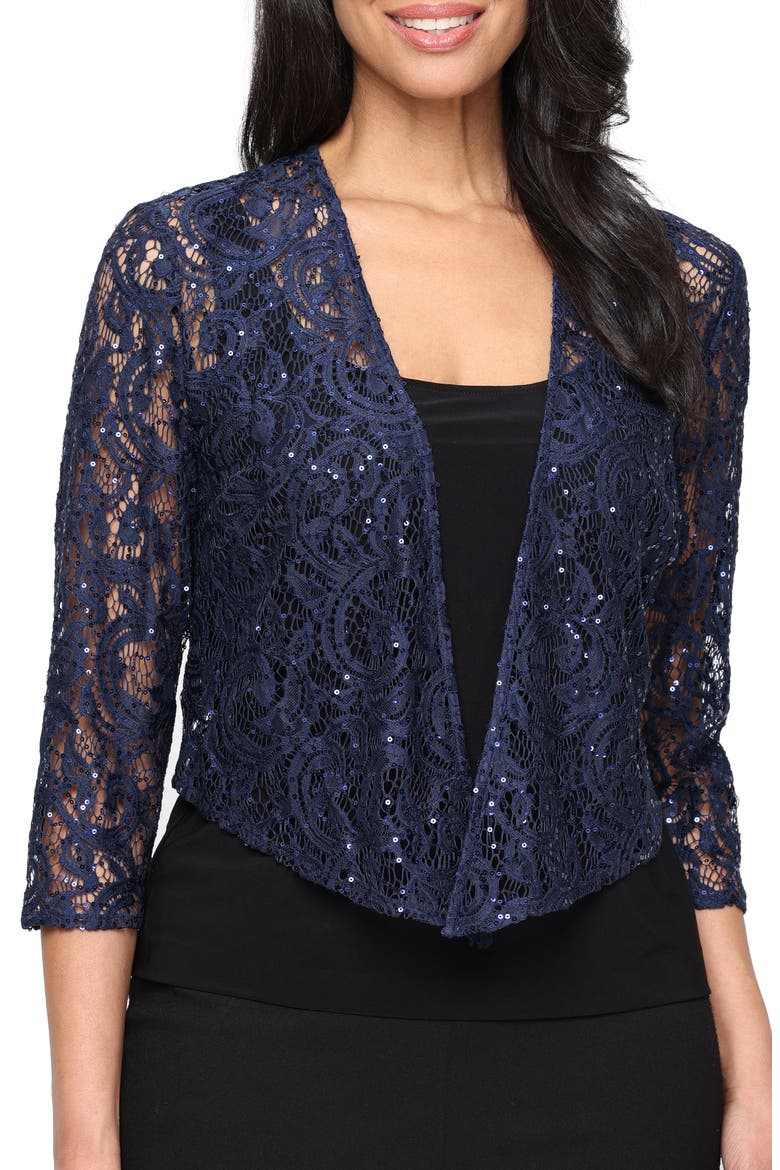 Three-Quarter Sleeve Stretch Sequin Lace Coverup Jacket, Main, color, NAVY