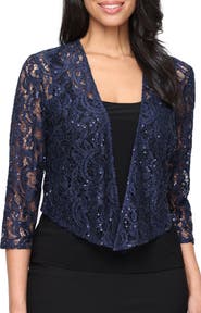 Alex Evenings Three-Quarter Sleeve Stretch Sequin Lace Coverup Jacket