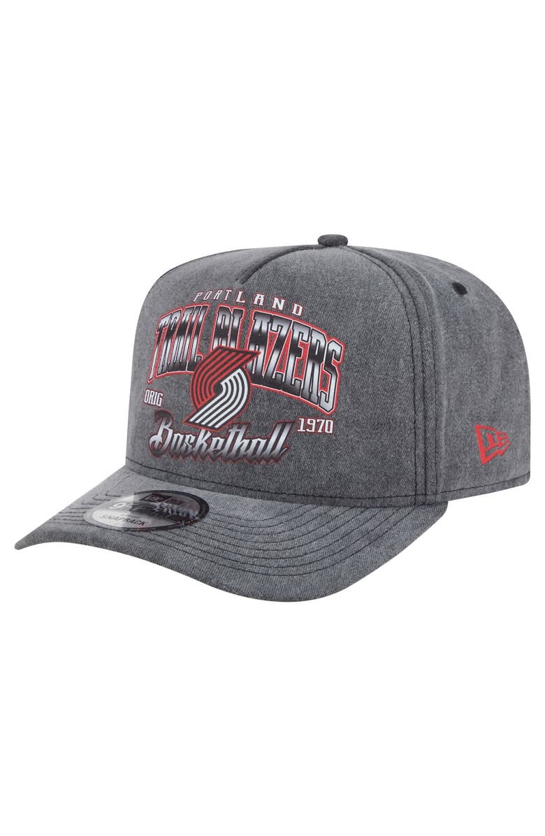 New Era Men's New Era Charcoal Portland Trail Blazers Throwback Washed Pre-Curved 9FIFTY Snapback Hat, Main, color,