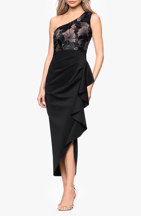 Metallic Floral Mixed Media One-Shoulder Cocktail Midi Dress