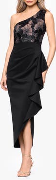Betsy & Adam Metallic Floral Mixed Media One-Shoulder Cocktail Midi Dress