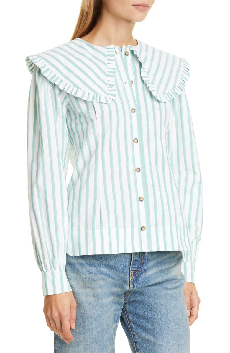 Ganni Stripe Ruffle Collar Cotton Poplin Blouse, Alternate, color, 