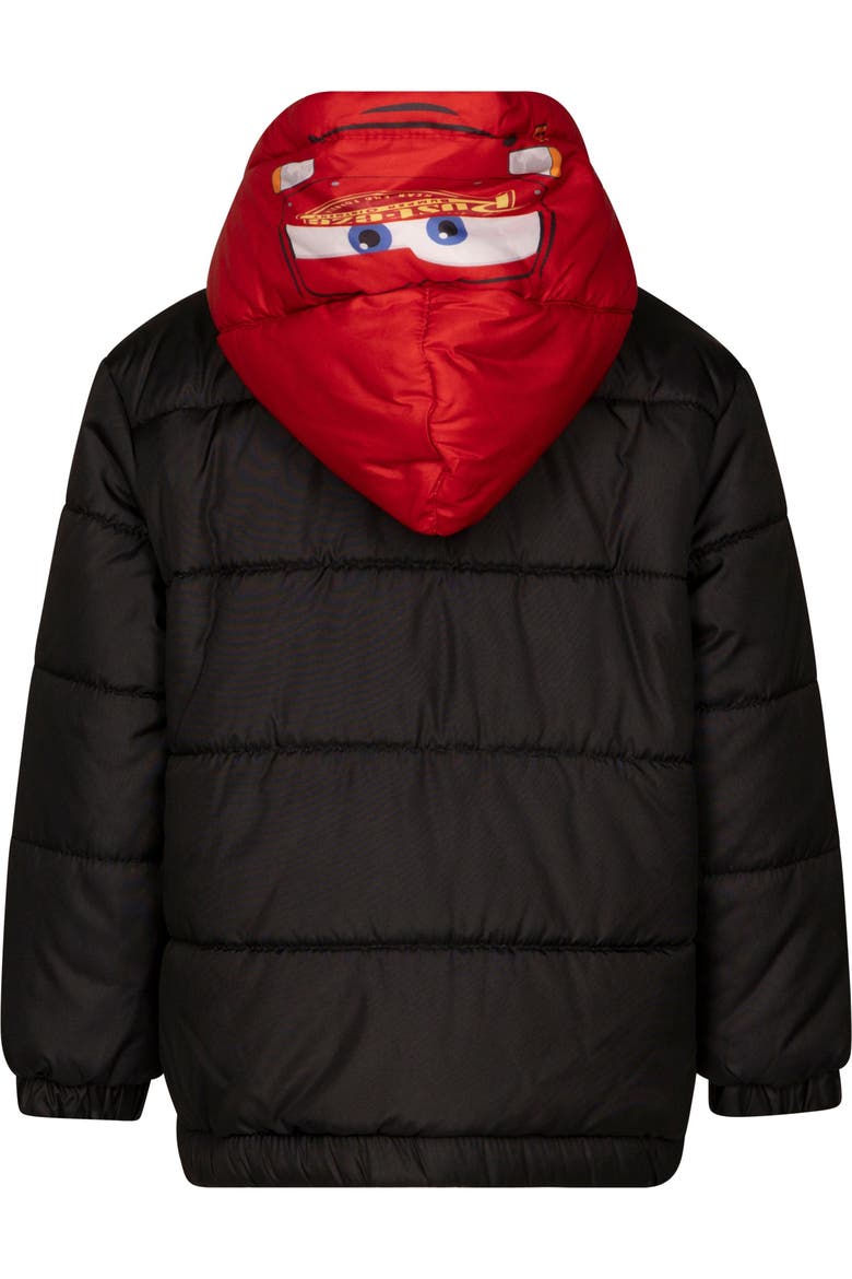 Cars Lightning McQueen Hooded Zip-Up Puffer Coat, Alternate, color, Black Red McQueen