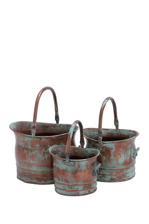 Copper Metal Rustic Planter with Stationary Handles - Set of 3