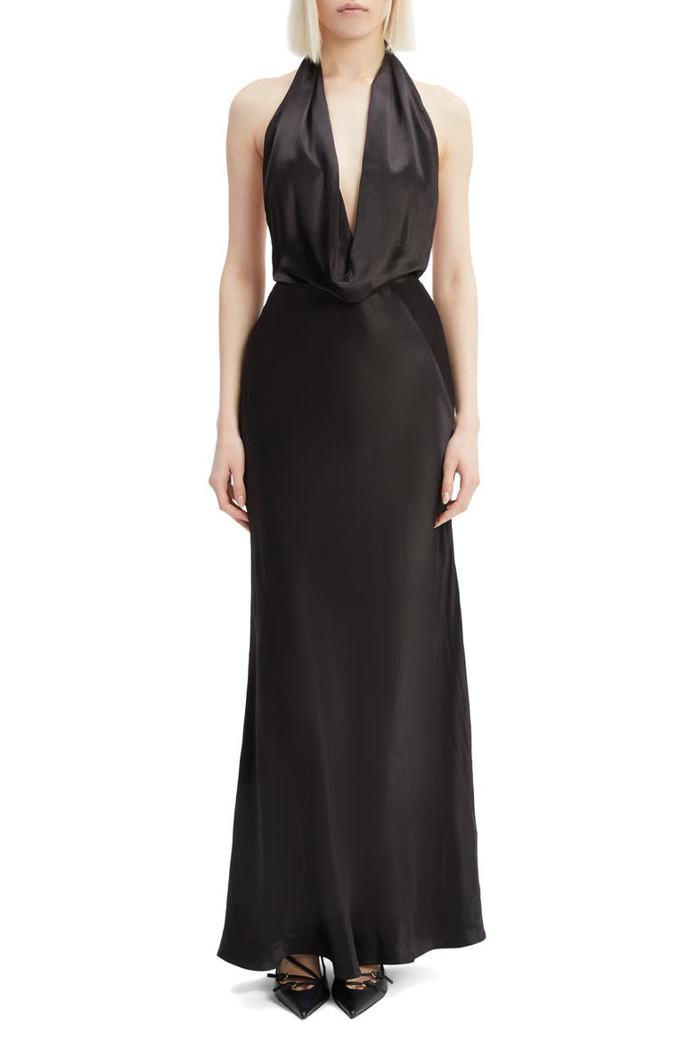 Nola Halter Neck Satin Dress, Main, color, BLACK