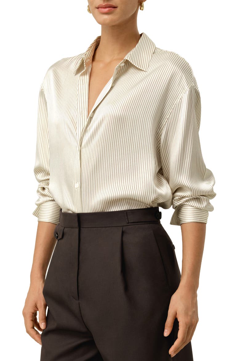 Women's Silk Charmeuse Pinstripe Shirt, Main, color, Drifted Mocha