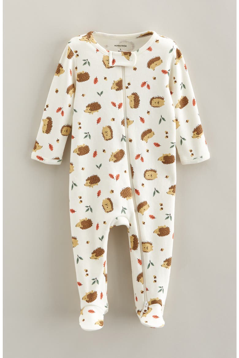 Print Zip Cotton Footie, Main, color, IVORY EGRET AUTUMN HEDGEHOGS