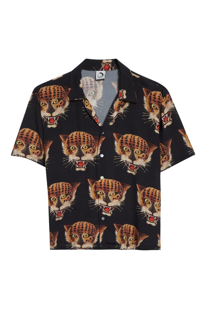Leopard Print Camp Shirt, Main, color, BLACK