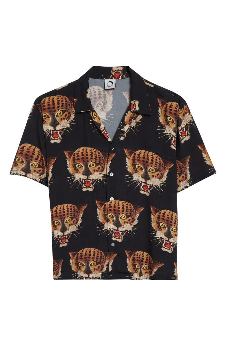 ENDLESS JOY Leopard Print Camp Shirt, Main, color, Black