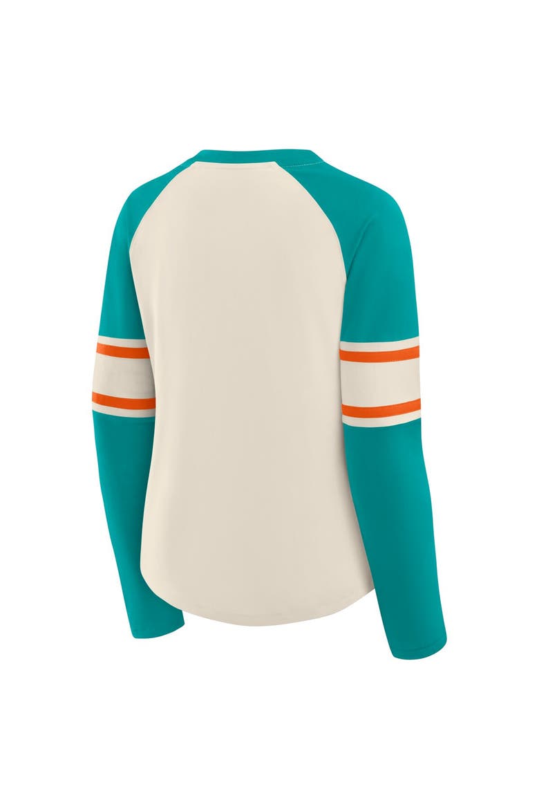 Women's Fanatics Cream/Aqua Miami Dolphins Hometown Gridiron Hero Raglan Lace-Up V-Neck Long Sleeve T-Shirt, Alternate, color, Cream
