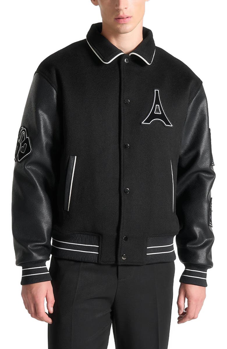 Manière De Voir Oscar Mona Lisa Wool Blend Varsity Jacket, Main, color, 