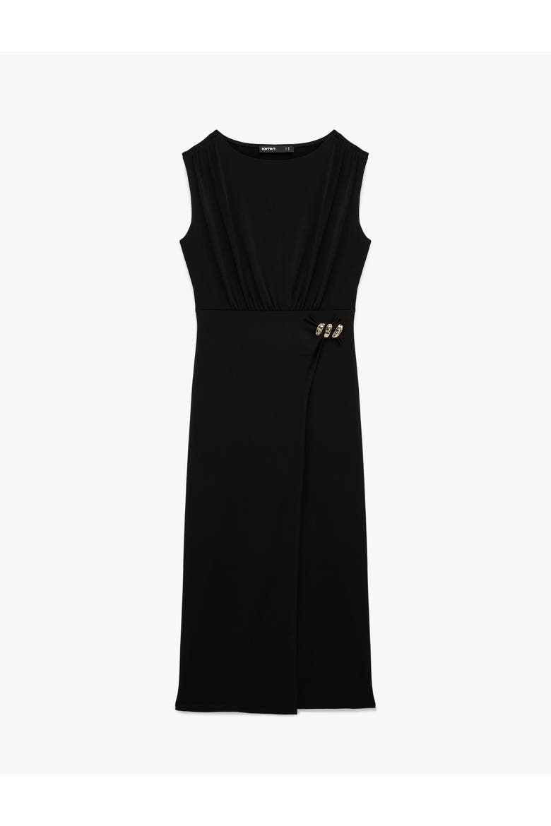 Sleeveless Crew Neck Draped Midi Dress With Accessory Detail, Alternate, color, BLACK