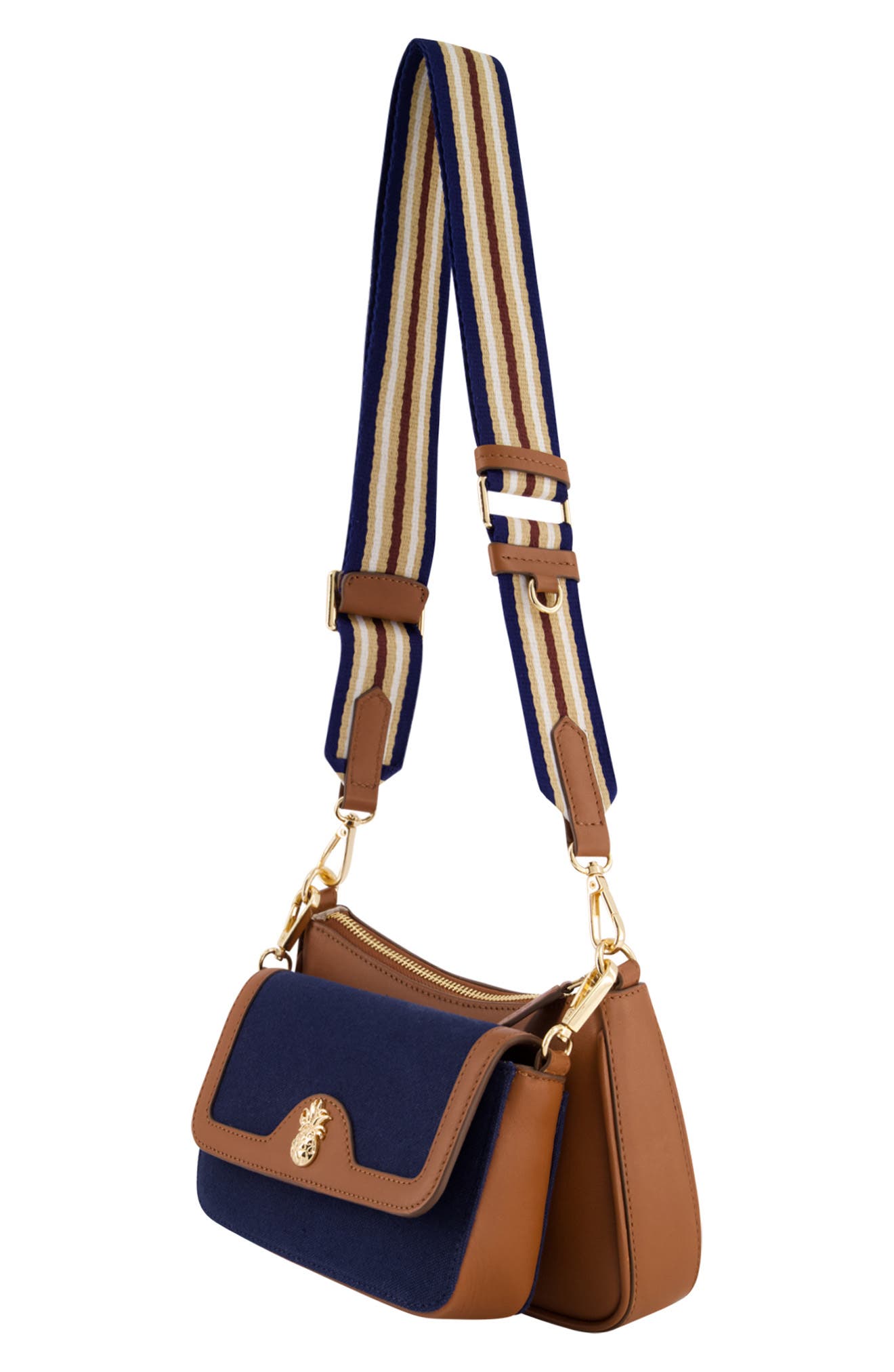 Tommy Bahama Canvas & Leather Trim Double Crossbody Bag, Alternate, color, Navy/ Tan