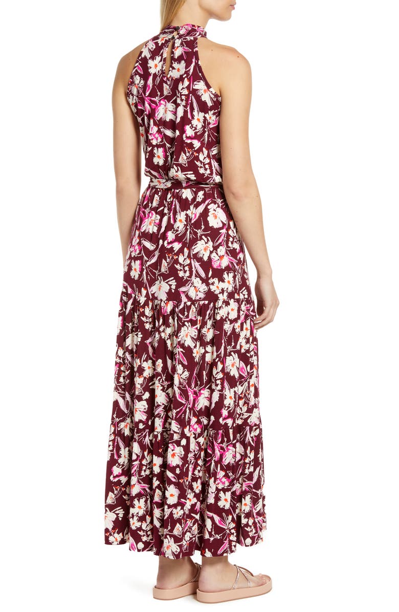 Loveappella Floral High-Low Halter Neck Knit Maxi Dress, Alternate, color, Plum