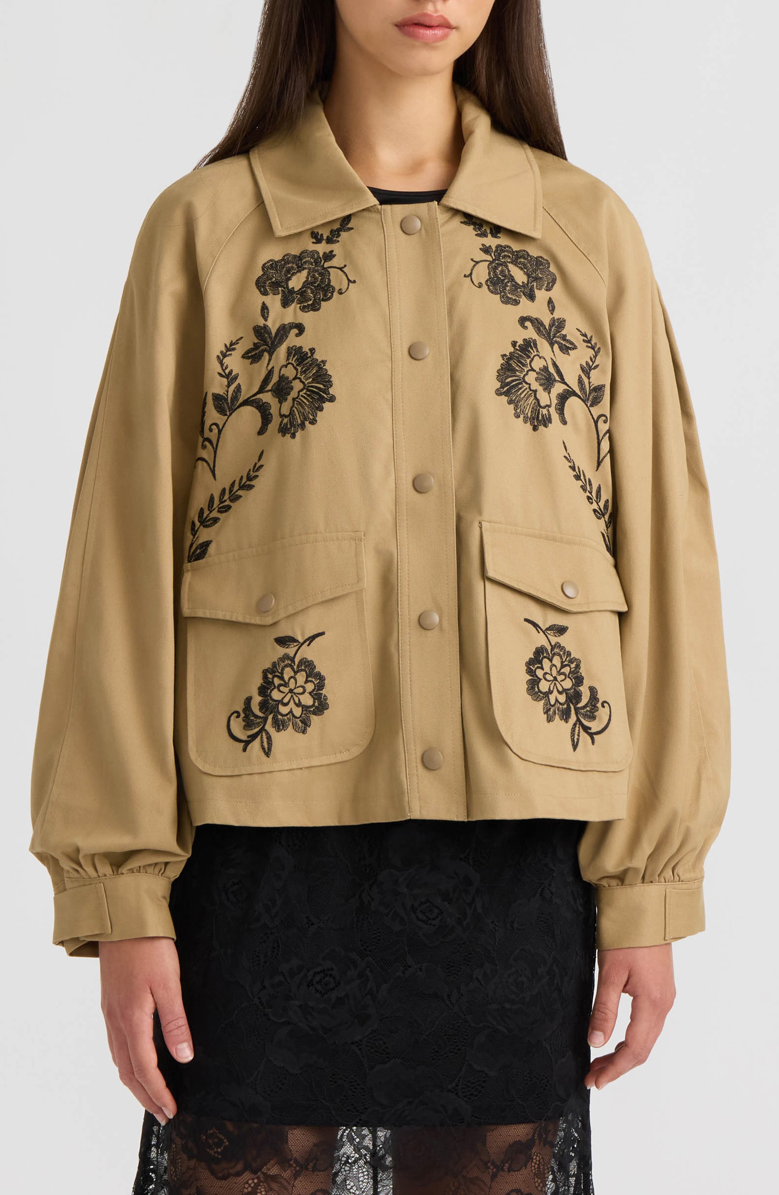 Embroidered Balloon Sleeve Twill Jacket
