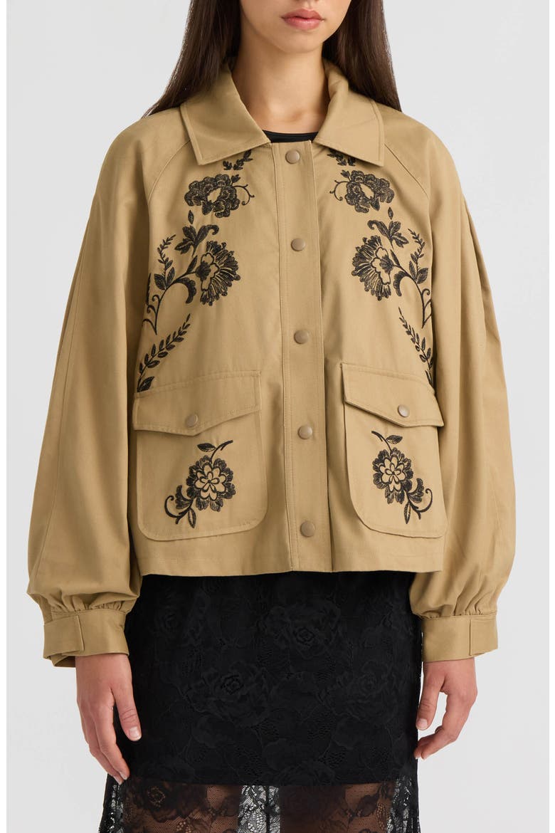 Embroidered Balloon Sleeve Twill Jacket, Main, color, KHAKI