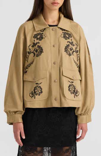 Embroidered Balloon Sleeve Twill Jacket