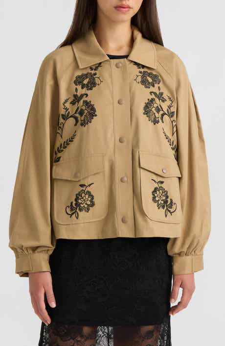 Embroidered Balloon Sleeve Twill Jacket