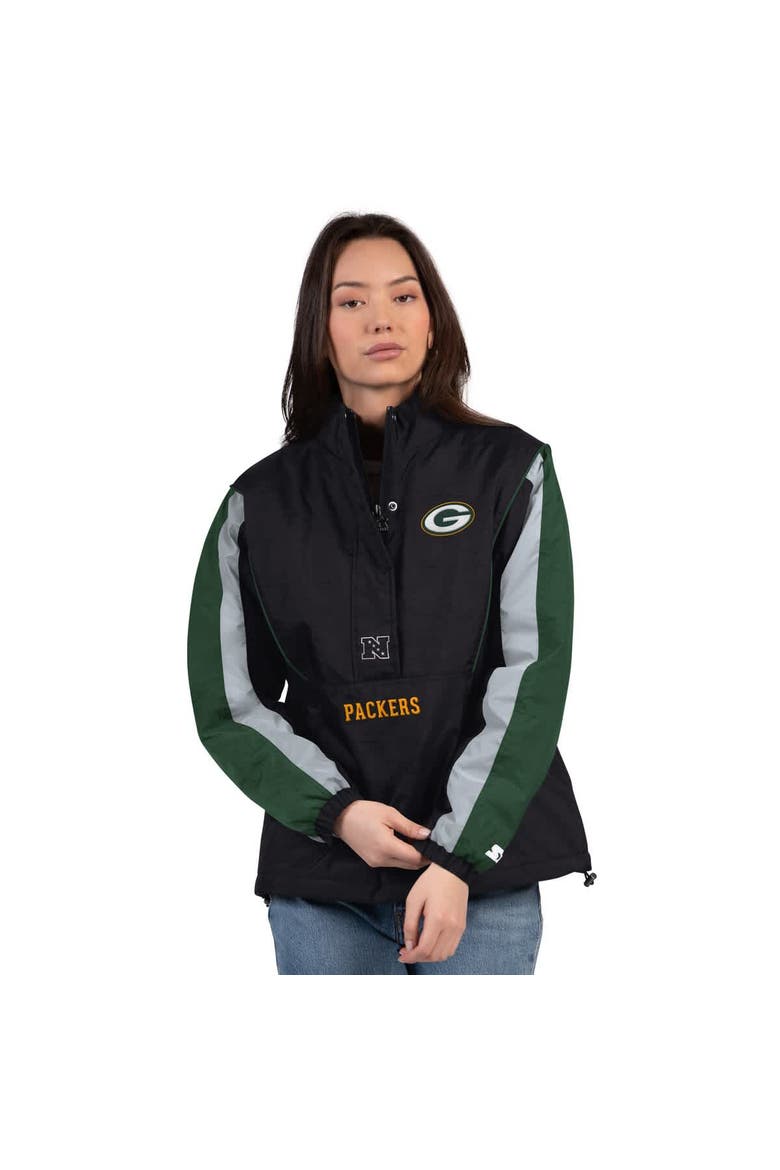 Women's Starter Black/Green Green Bay Packers Thursday Night Gridiron Half-Zip Jacket, Main, color, Black