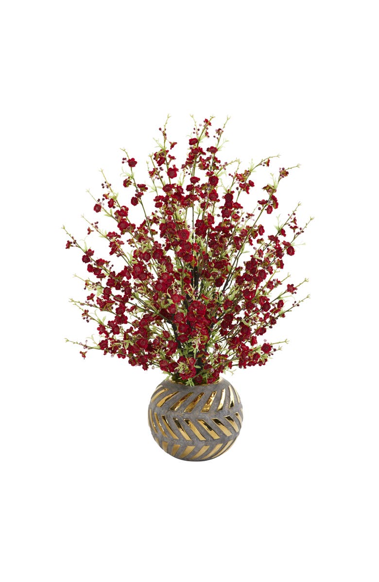 NEARLY NATURAL 30-in Cherry Blossom Artificial Arrangement in Stoneware Vase with Gold Trimming, Main, color, Red