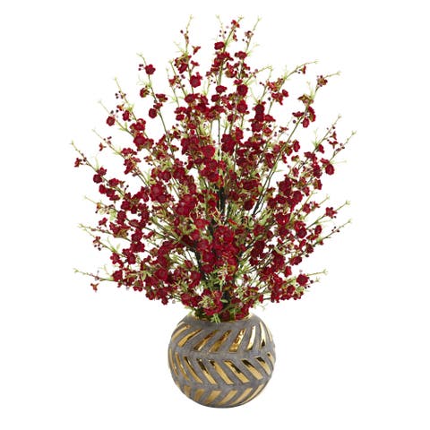 30-in Cherry Blossom Artificial Arrangement in Stoneware Vase with Gold Trimming