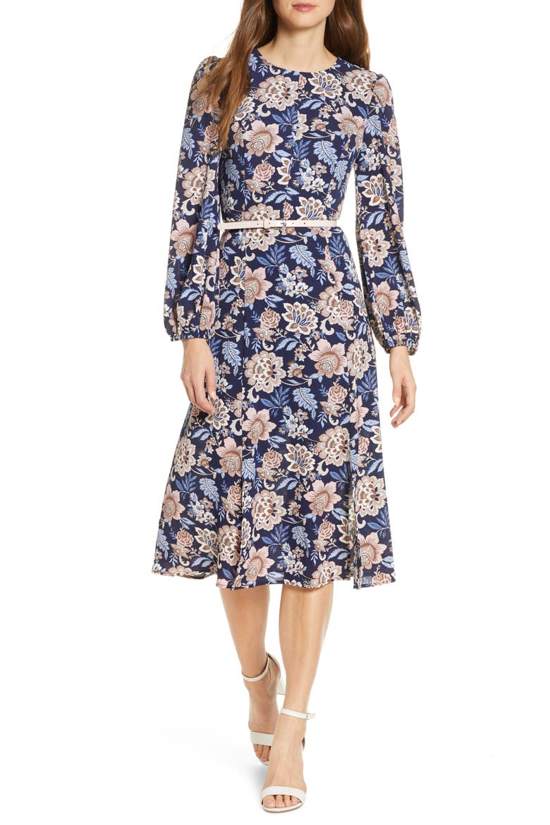Floral Long Sleeve Pebble Crepe Dress, Main, color, NAVY