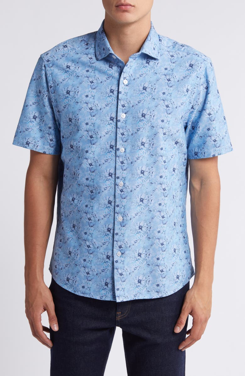 Robert Barakett Gomell Floral Short Sleeve Button-Up Shirt, Main, color, Blue