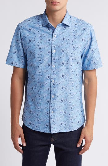 Robert Barakett Gomell Floral Short Sleeve Button-up Shirt In Blue
