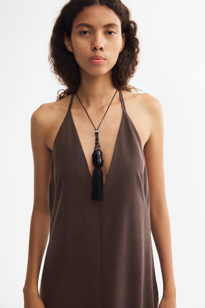 Crêpe Halterneck Dress, Alternate, color, Dark brown