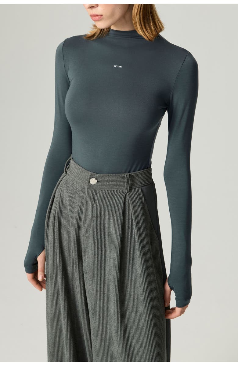 Nocturne Long-Sleeve Mock-Neck Jersey Bodysuit, Alternate, color, Petrol Green