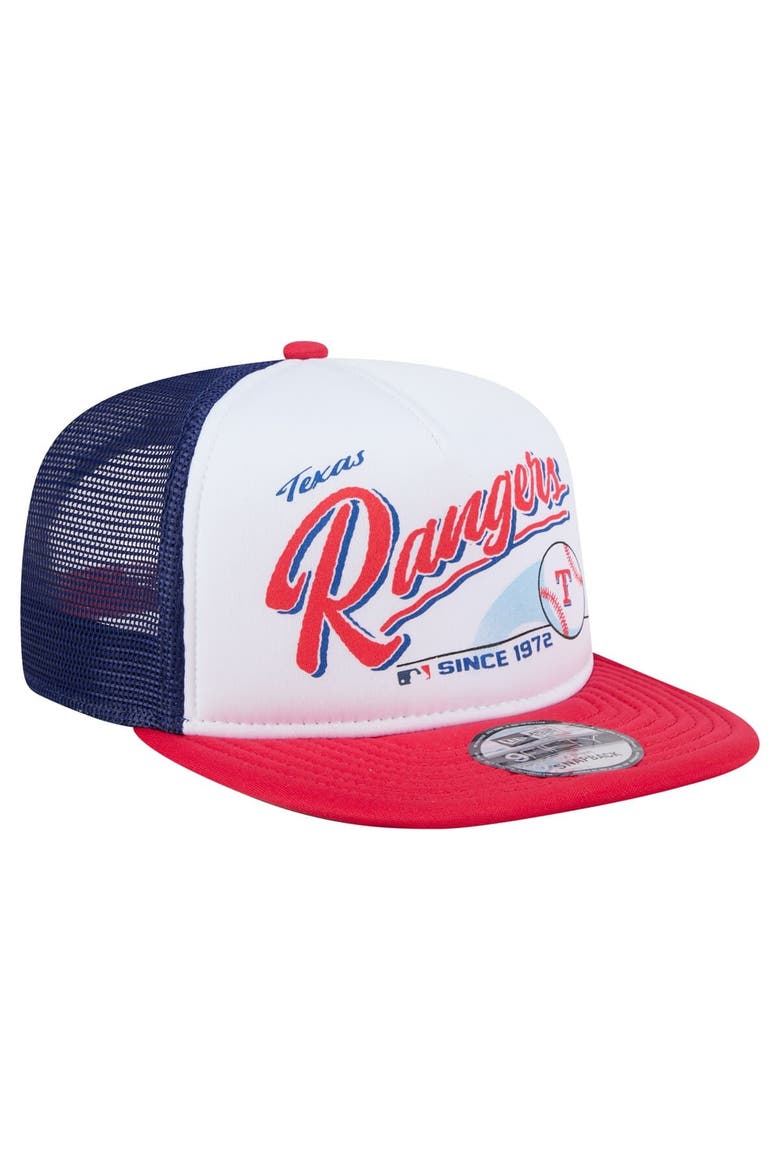 Men's New Era White/Red Texas Rangers Retro Script Trucker 9FIFTY Snapback Hat, Alternate, color, White
