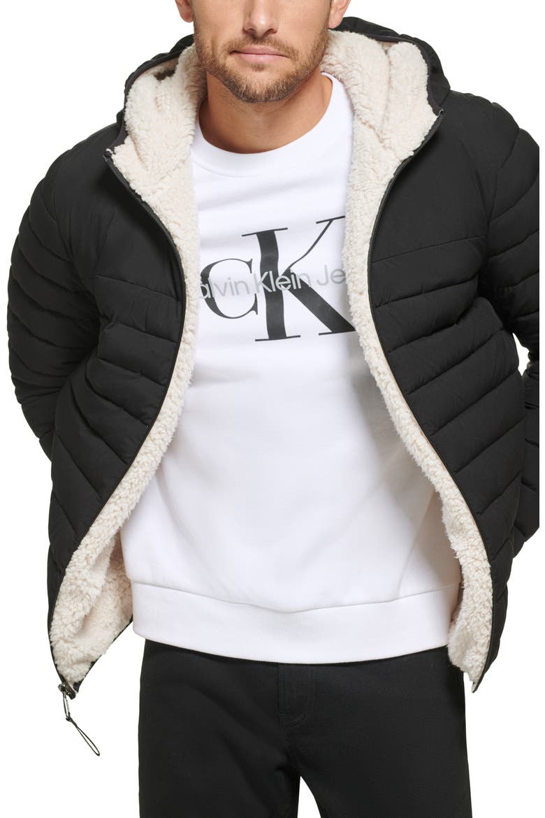 Faux Shearling Lined Hooded Puffer Jacket, Main, color, EBONY