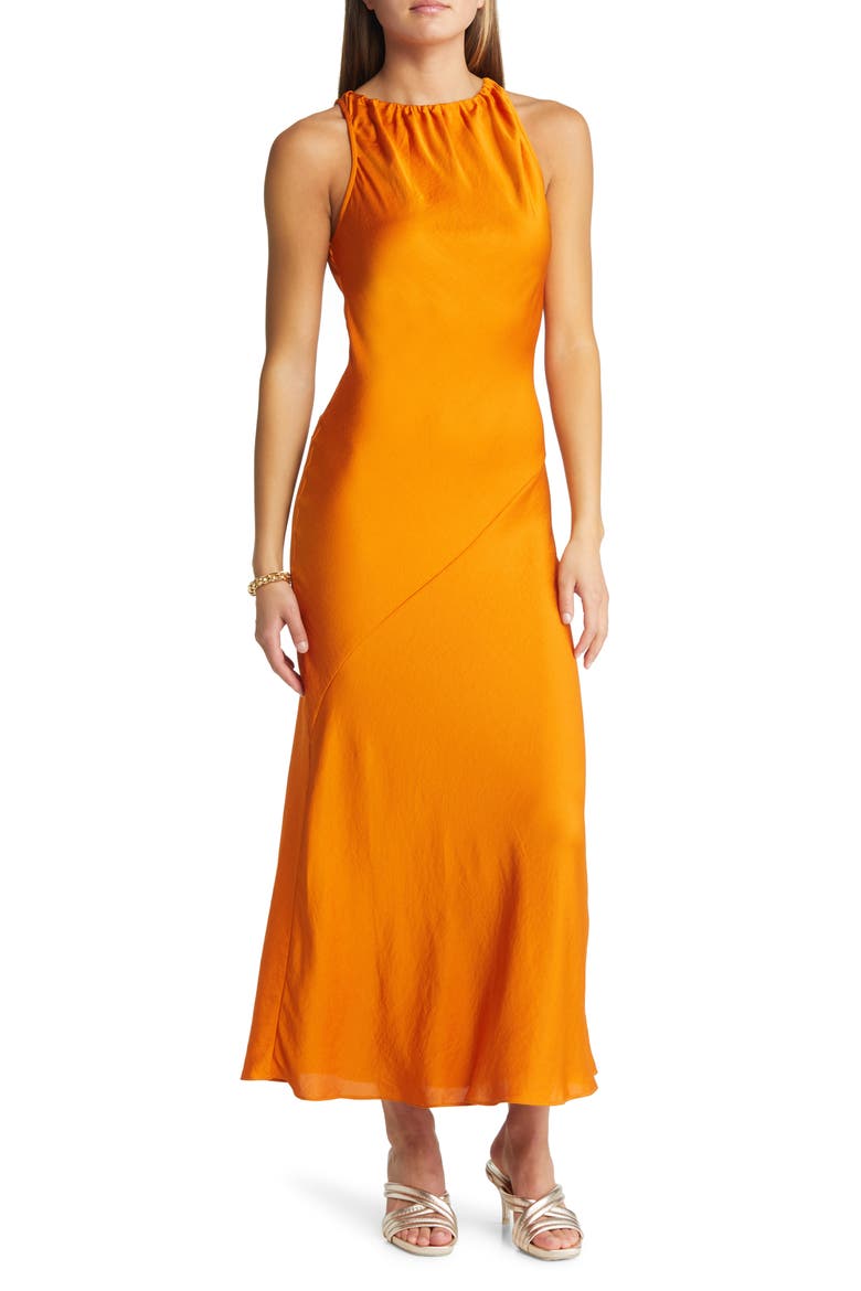 Women's Halter Neck Satin Midi Dress, Main, color, ORANGE JAM