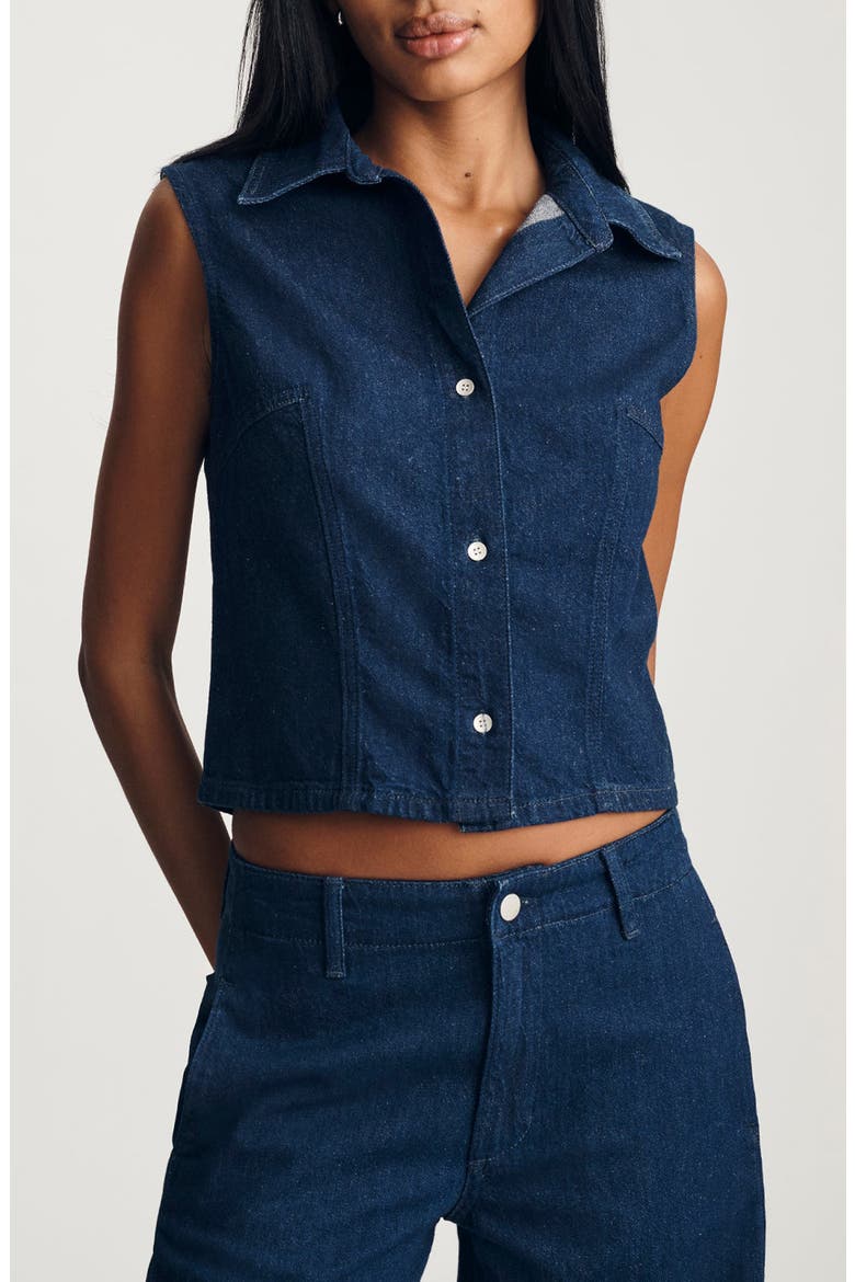 Bria Sleeveless Crop Denim Shirt, Main, color, DARK LINEN DENIM
