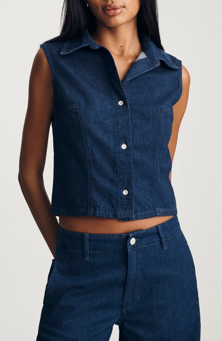 Mavi Jeans Bria Sleeveless Crop Denim Shirt, Main, color, Dark Linen Denim
